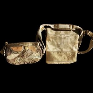 Coach Gold and Tan Shoulder Bag Duo, Crossbody Style N Includes The Lil Wristlet